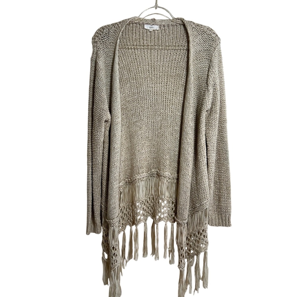 Entro Beige Crochet Fringe Open Front Cardigan Sweater Small J8212 Boho Macrame